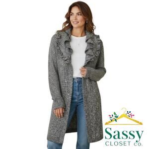 Peck & Peck Black White Chunky Knit Long Cardigan Ruffle Collar S EUC